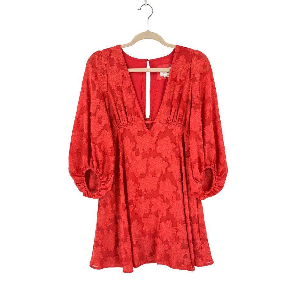 Anthropologie Mini Dress Red‎ Floral Jacquard Puff Sleeve Size 0 Boho Festival